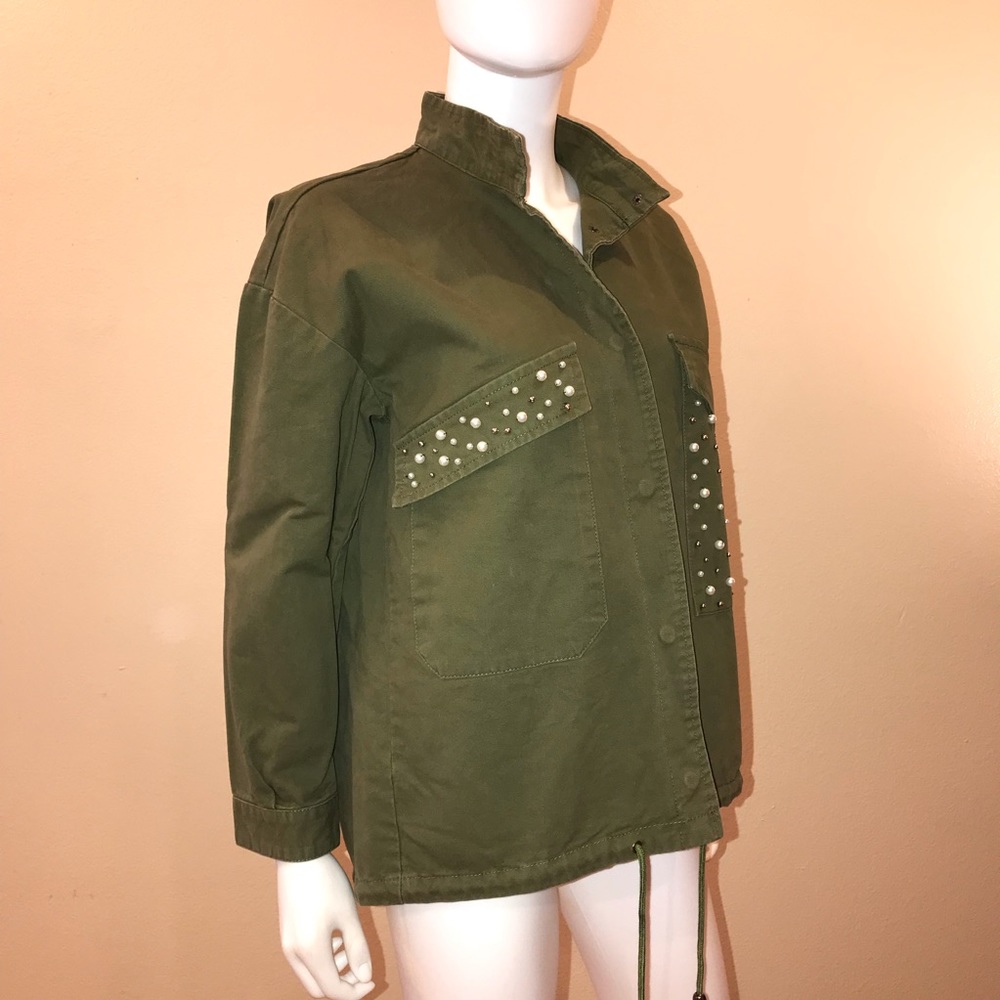 Lea Viola Anthropologie Embellished Canvas Jacket NEW Size Large Army Green Gift